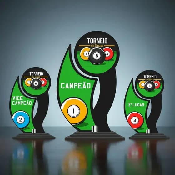 Kit Troféu Sinuca Mdf 20cm C/ 3 Peças Premiação Completa Verde