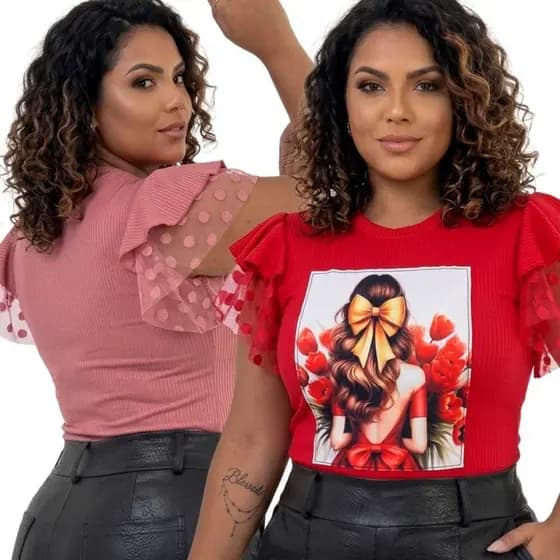 Blusa Plus Size Feminina Canelado Manga Flare Tule Elegante Confortável Estampa G ao G3
