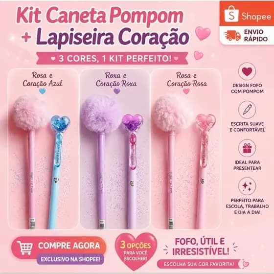 Kit Papelaria Fofa Caneta Pompom Gel Apagável + Lapiseira 0,7 Coração|Fofo|Feminino|Presente|BRW|Caneta Fofa|Escolar.