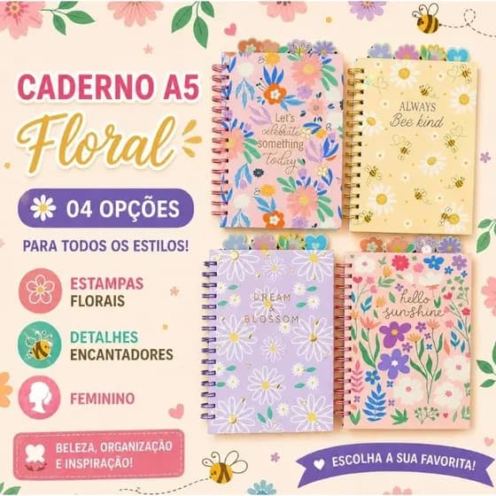 Caderno A5 Espiral Capa Dura Floral Abelhinha. Escolar, Agenda, Feminino, Presente.