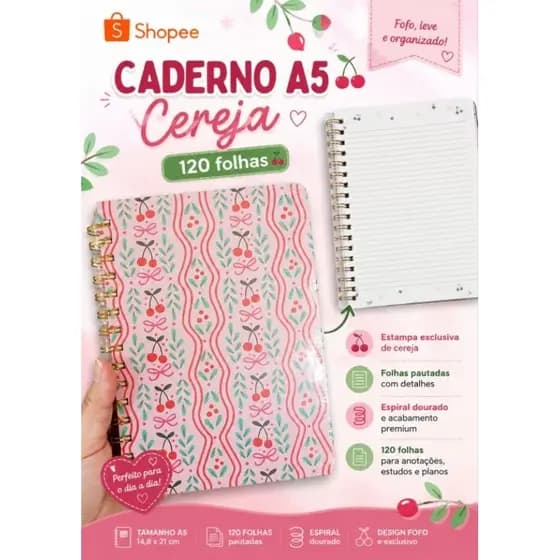 Caderno Cereja A5 | Papelaria Fofa|Caderno Fofo|Cherry|Feminino|Presente