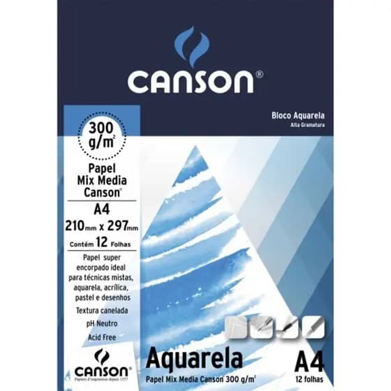 Bloco Aquarela Canson A4 300g 12 Folhas Textura Fina Papel Artístico Profissional Livre de Ácido