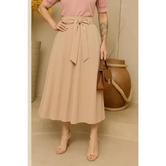 Saia Feminina Midi Moda Evangélica Com Cinto no Material do Tecido Cintura Alta