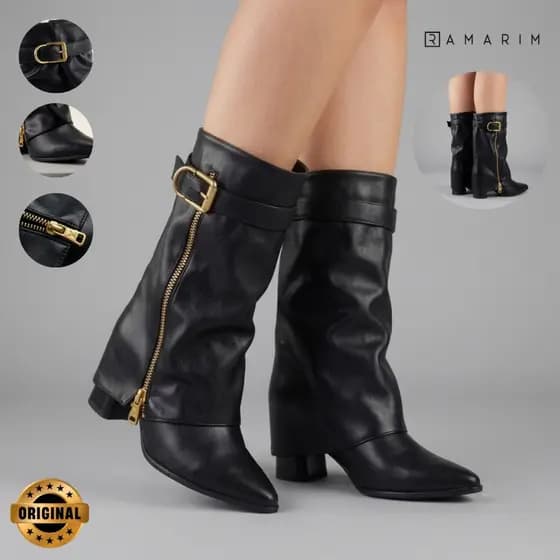 Bota Ramarim Feminina Salto Com Fivela Dourada Zíper Moda Lapela Cano Médio Bico Fino Original