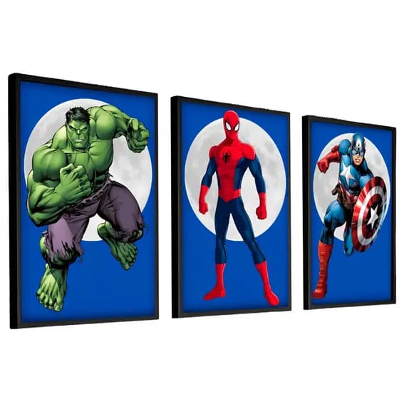 Kit 3 Quadros Decorativos Para Sala Quarto Promoção Marvel Vingadores Homem Aranha Hulk Capitão América