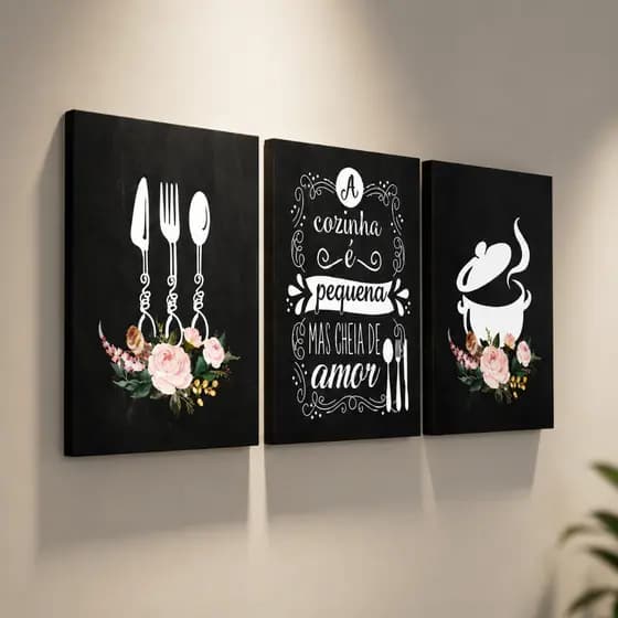 Kit 3 Quadros Cozinha Gourmet Panela E Talheres 20x30cm
