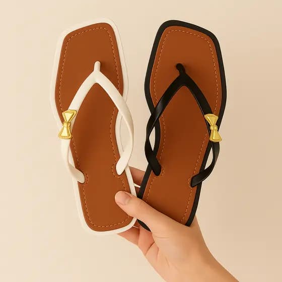 Chinelo feminino rasteiro com detalhe de laço dourado, perfeito para valorizar qualquer look