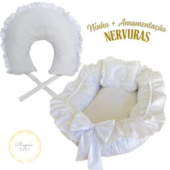 Kit Ninho Redutor de Berço + Almofada De Amamentação BABADO E AMARRIS Nervuras várias cores