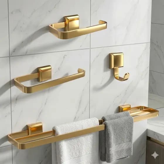 Kit Acessórios Para Banheiros 4 Peças Porta Toalha Duplo 60CM Dourado Gold Banheiro