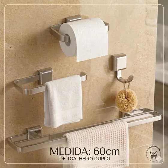 Kit Acessórios Para Banheiros 4 Peças Porta Toalha 60CM Prata Banheiro Prateado