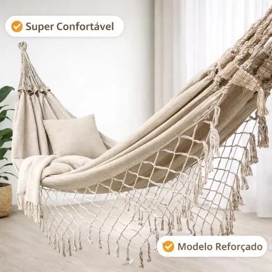 Rede de Descanso Casal Luxo Reforçada com Franjas | 100% Algodão Resistente e Decorativa
