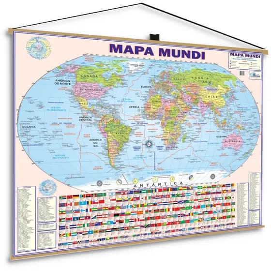 Banner Mapa Mundi Politico Escolar Bandeiras Planisfério Geográfico Geografia Pôster