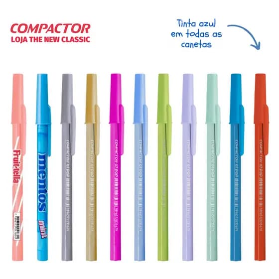 Caneta Compactor POP Ponta Fina 0.7mm Escrita Azul - Tons Pastel, Neon e Metálico