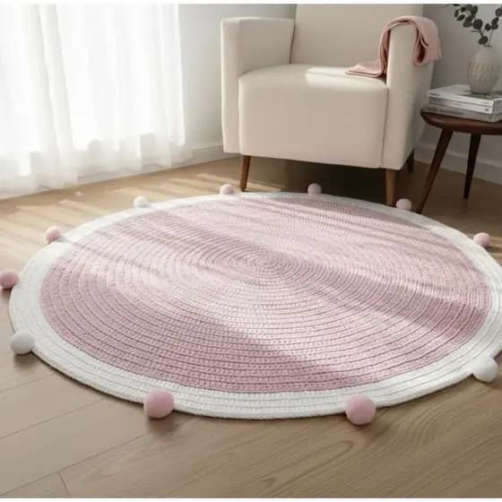 Tapete Quarto Do Bebe De Croche Rosa Pompom Menina 1,20 Tapete Redondo Infantil