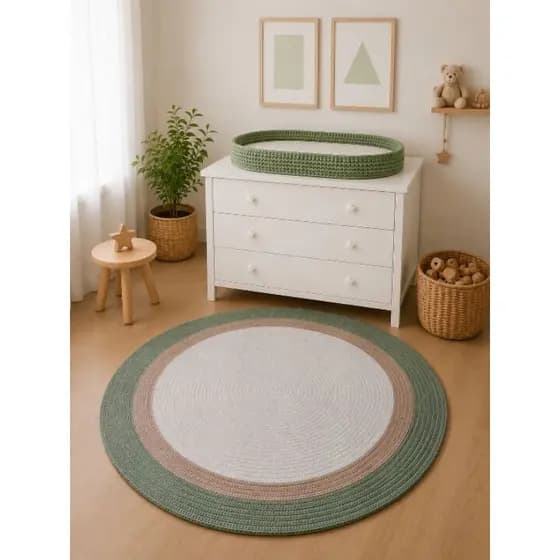 Kit Tapete Redondo e Trocador Infantil Safari Verde Bege Selva Floresta Quarto do Bebê Enxoval