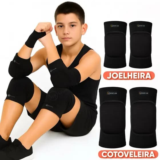 01 par Joelheira + 01 par Cotoveleira Clássica Infantil Juvenil Vôlei Goleiro Futsal