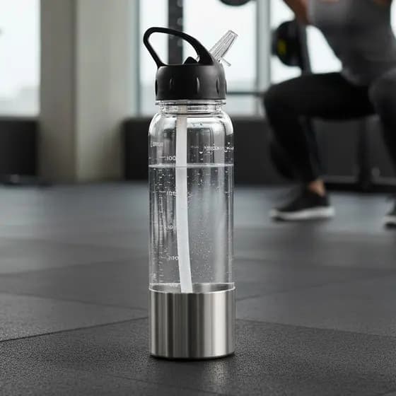 Garrafa Squeeze Plástico 750ml Fundo Inox Tampa Rosqueavel Bico Retratil Canudo e Medidor