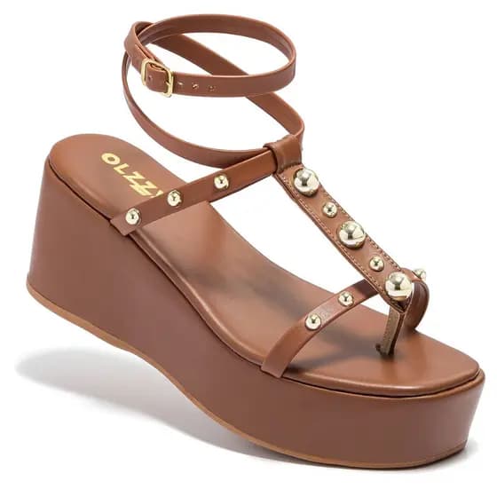 Sandália Feminina Olzzy Anabela Plataforma Fivela Estilosa Detalhes em Tachinhas Leve Original