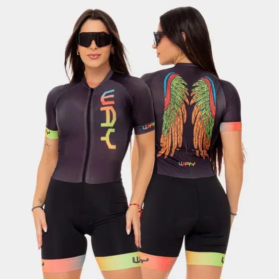 Macaquinho Ciclismo Feminino Macacão Manga Curta Forro Gel Asas Roupa Bike Pedal Slim Mtb