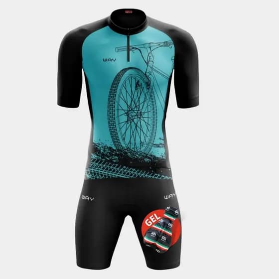Conjunto Ciclismo Masculino Camisa Bike Roda Azul e Bermuda Forro Gel Uv50 Mtb