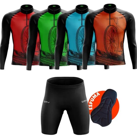 Roupa de Ciclismo Masculino Conjunto Ciclista Várias Cores Camisa Manga Longa Inverno Frio e Bermuda