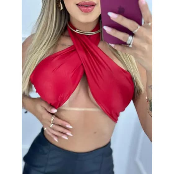 Top Cropped Femnino Transpassado Com Bojo Moda Gringa Decote Cruzado Amarração Tendencia Moda Blogueira