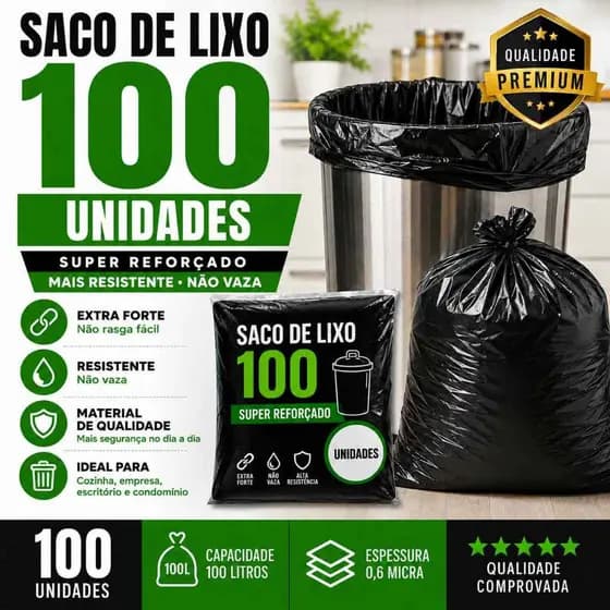 Saco de Lixo Reforçado 100 Unidades Alta Resistência Não Vaza Diversas Medidas