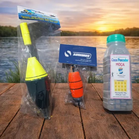 Kit Pesca Pesqueiro Boia Cevadeira 55g + Foguetinho 20g + Ração Cuco Pescador