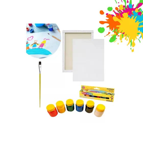 Kit Escolar Completo para Pintura Seda Algodão Uso Artístico 2 Tela Pintura Branco 15x10cm + 6 Tinta Guache +1 Pincel