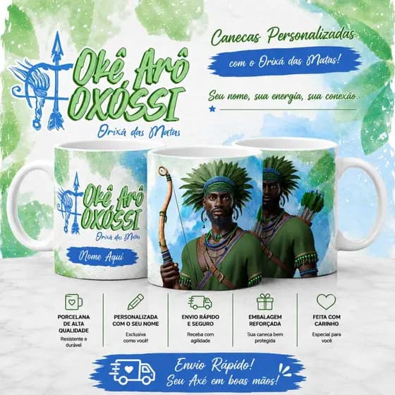 Caneca Oxóssi Personalizada com Nome | Umbanda Axé Cadomblé Orixás | Okê Arô Oxóssi Orixá das matas