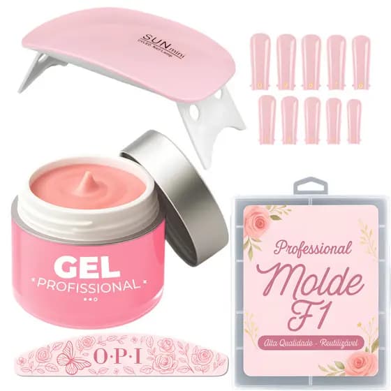Kit UnhaGel Construtor Unhas Molde F1 + Lixa + Cabine Sun Mini