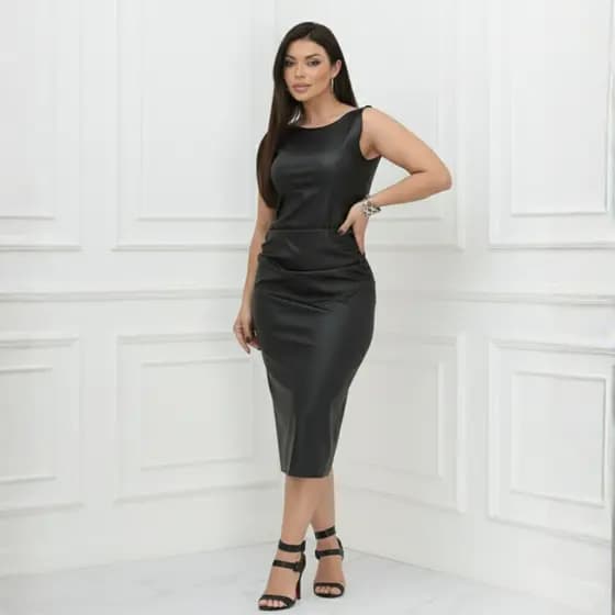 Vestido Feminino Longuete Couro Regata Franzido na Lateral