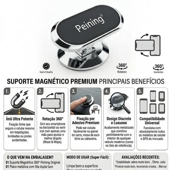 Suporte Celular Magnético Veicular 360° Universal Painel Ímã Forte Carro Premium