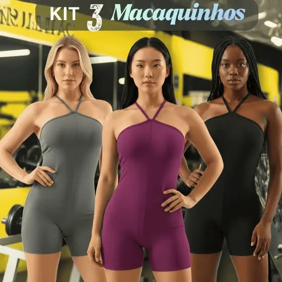 Kit 3 Macaquinho Feminino Academia Fitness Canelado Curto Zero Transparência Suplex Premium