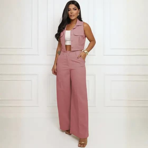 Conjunto Linho Colete e Calça Cintura Alta Elegante Feminino