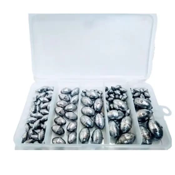 Kit 1kg De Chumbadas Diversas Para Pesca Modelo Oliva ou Bola Com Estojo ou Estojo Reposição