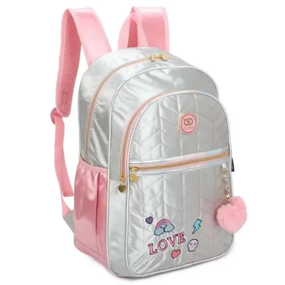 Mochila Escolar para Menina Holográfica Rosa com Bolso Sweet Girl Dream