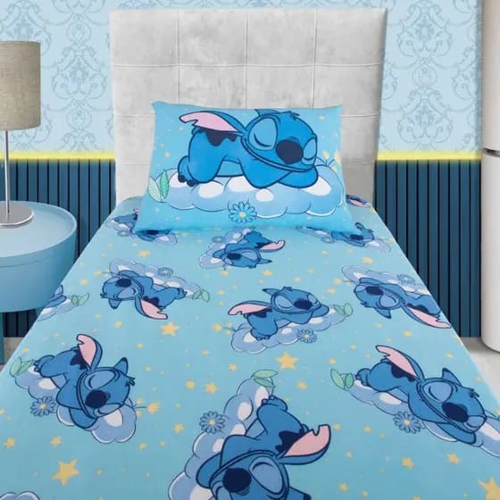 Jogo De Cama Stitch Solteiro Azul Lençol Sonhos Disney
