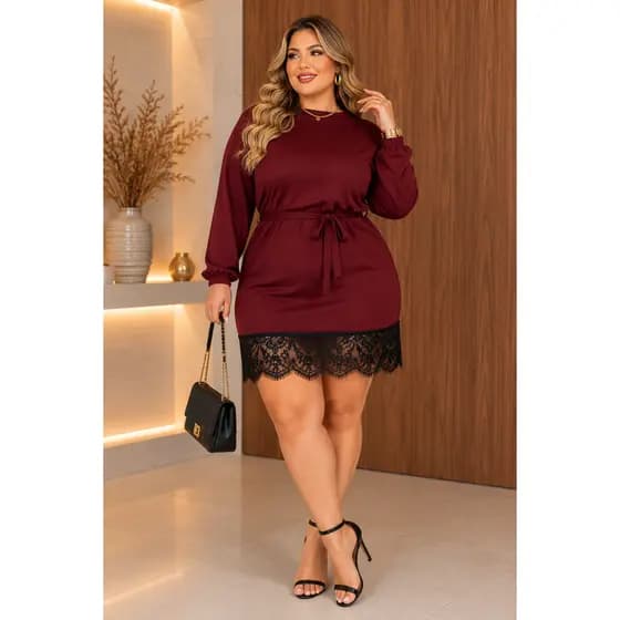 Vestido Plus Size Manga Longa Elegante Acompanha Cinto