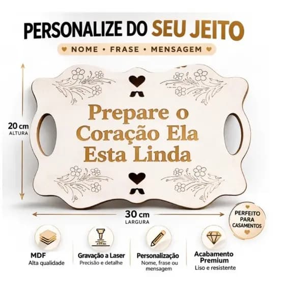 Bandeja Decorativa Personalizada em MDF 30x20cm | Gravação a Laser | Presente para Casamento, Dia das Mães e Decoração