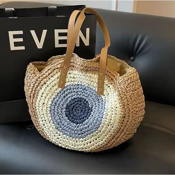 Bolsa de palha de Praia tecida à mão ins wind verão moda bolsa de ombro redonda lazer bolsa de grande capacidade