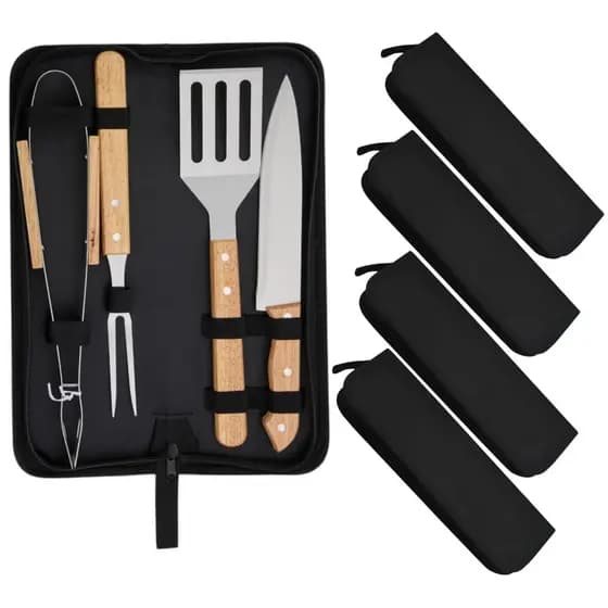 50 Kit Churrasco 4 Peças Inox com Estojo Madeira Presente Gourmet Faca Garfo Espátula Pegador