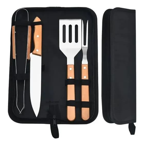Faqueiro Jogo de talheres Inox 24 Peças com Suporte + Kit Churrasco 4 Peças Madeira
