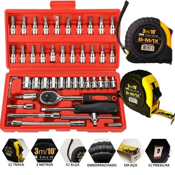 Jogo Chave Catraca Reversível 1/4 46 Peças + Trena B-Max 3m Fita Aço Maleta Profissional Compacta