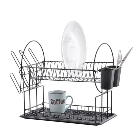 Escorredor de louça 2 andar cor preto Aço inox com suporte de 6 copos cesto de talheres removiveis