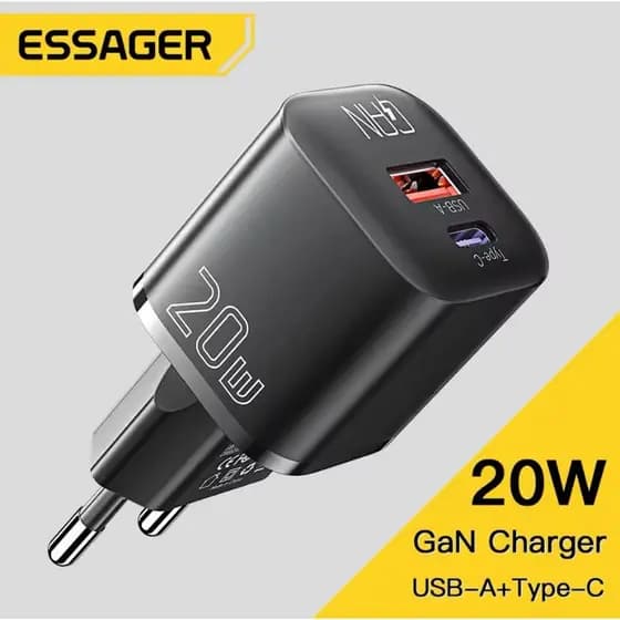 Carregador USB + Tipo C Essager GaN Carregador Rapido QC3.0 20w P/Android e IOS