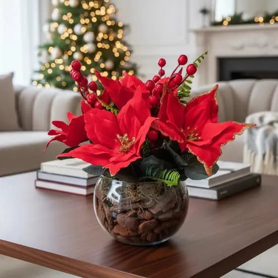 Arranjo de Mesa Natalino, Arranjo Completo, Bico de Papagaio, Flores de Mesa, Decoração de Natal, Decoração Reveillon