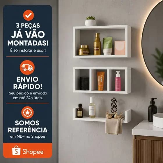 Kit 3 Nichos Banheiro Branco Decorativo