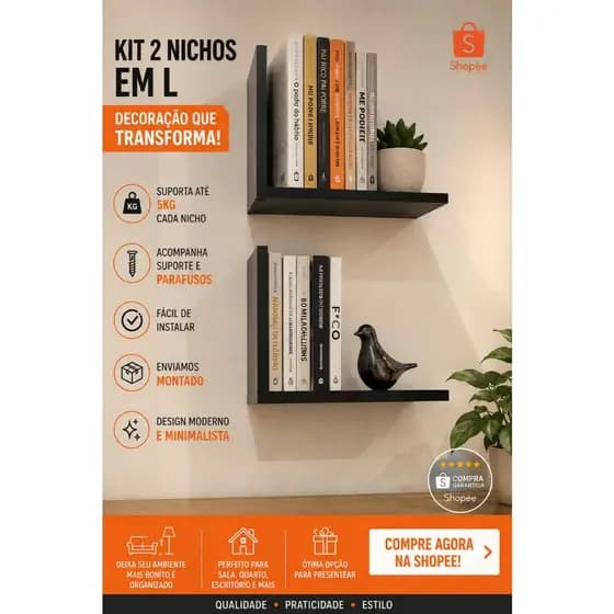 Kit 2 nichos Prateleiras MDF em L Suspensas 30x30x20 Para Livros e Decorações Sala Escritório Quarto infantil