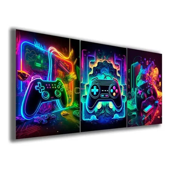 Kit 3 Quadros Decorativos 120x60cm Gamer Game Neon Controle Jogos Mosaico Sala Quarto Escritório